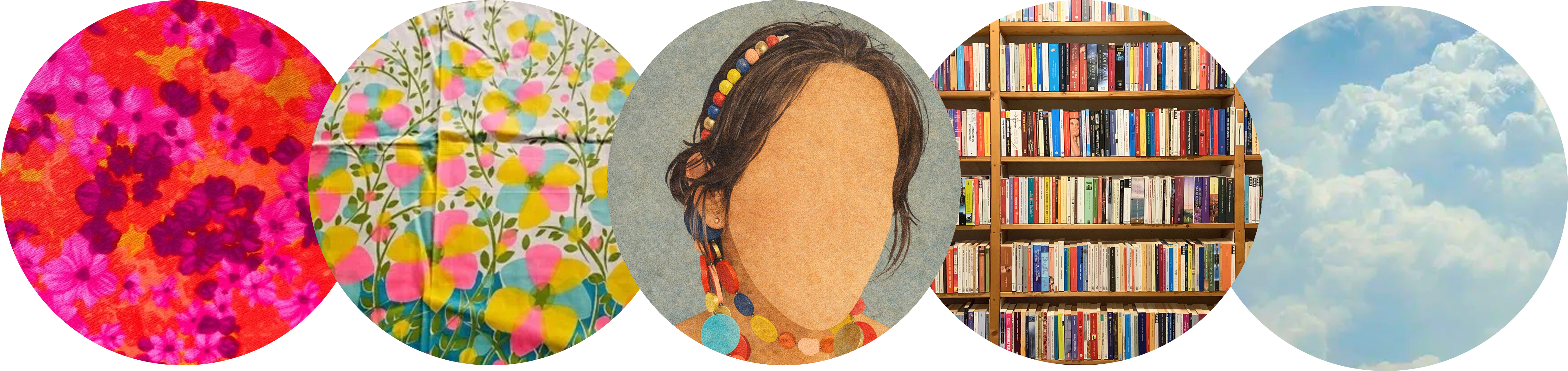 Five circles — florals, a faceless portrait, books, and sky