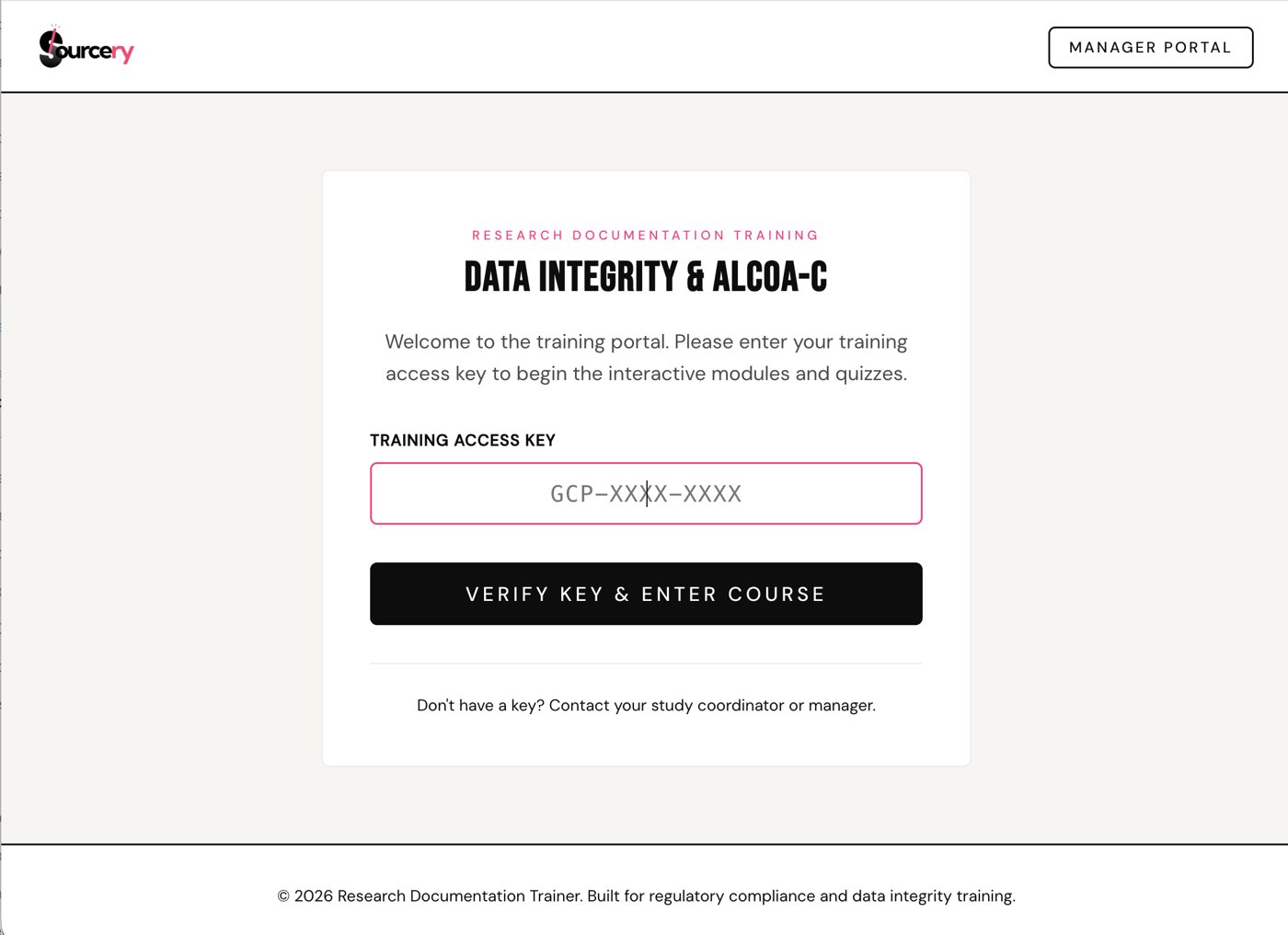 Sourcery training portal login screen for the Data Integrity and ALCOA-C course